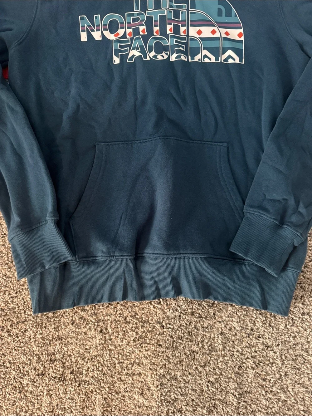 The North Face Men's Dark Blue Pullover Hoodie with Patterned Logo